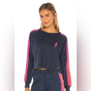 Aviator Nation Bolt Cropped Classic Crewneck in Heather Navy Neon size S